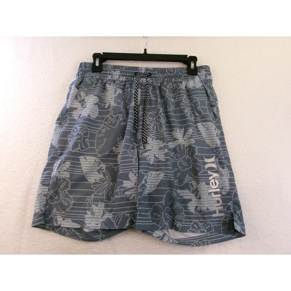 Hurley Mens Grey Floral Striped Board Shorts Swim Trunks Size M‎ 7 Inch Inseam